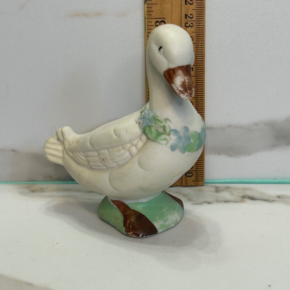 Vintage White Ceramic Duck Figurine Floral Lei Hand Painted Farmhouse Decor 3in